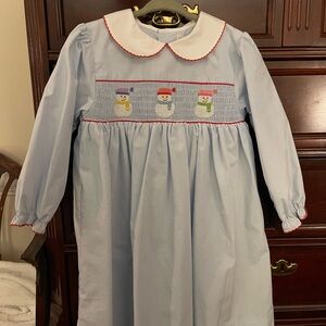 Petit Ami Blue Dress with Snowman Embroidery